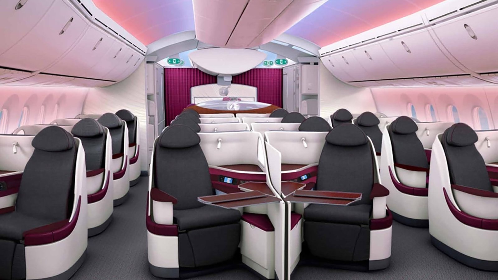 Business class cabin with individual seats and mood lighting