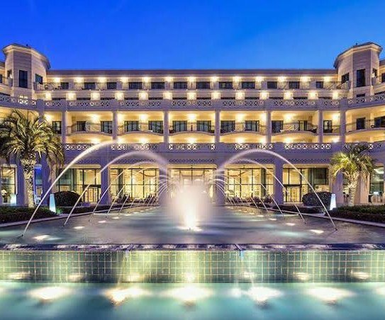 Palace hotel lit at night